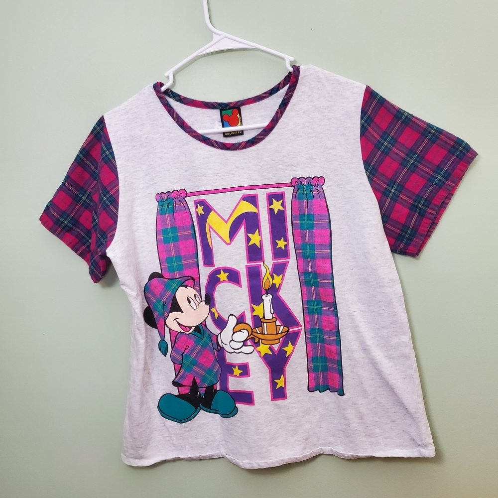 Vtg Mickey Mouse Shirt Sz Medium Mickey Unlimited Single Stitch Pink Teal Plaid